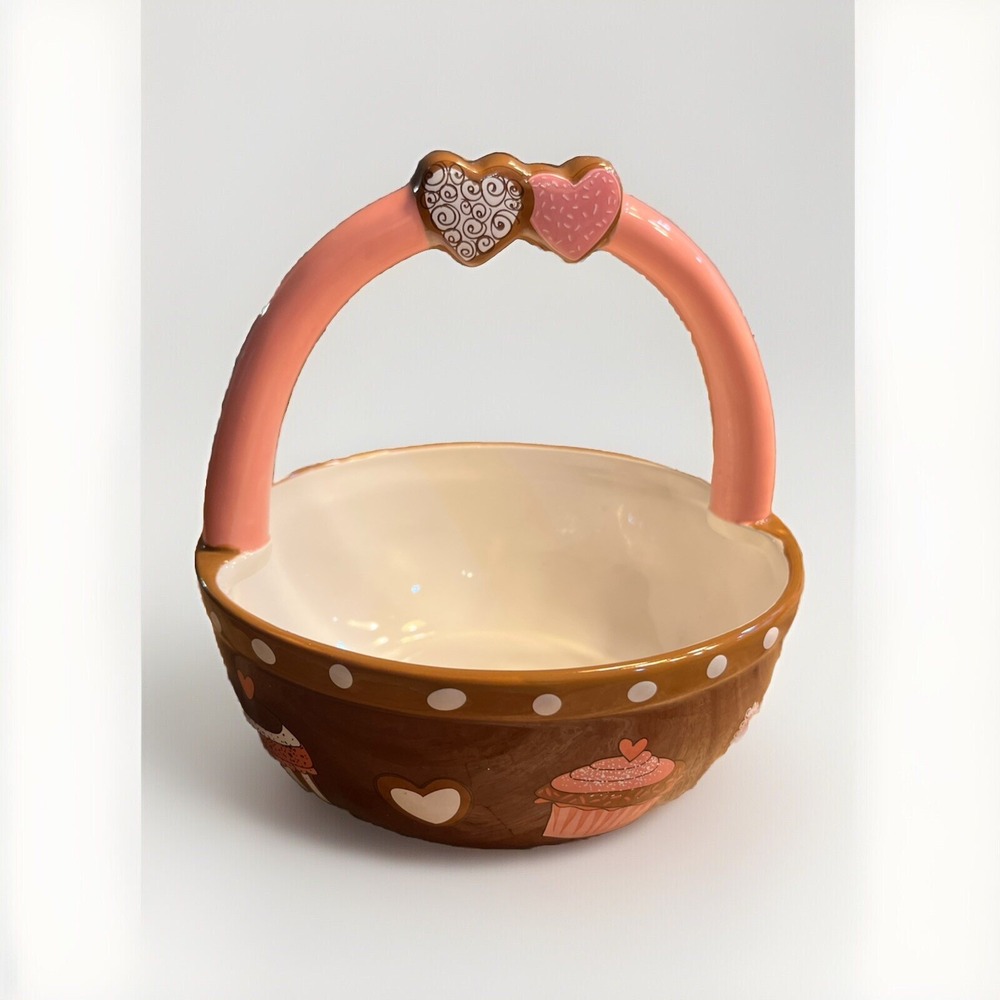 Valentine's Day Candy Bowl Sweetie Pie Brown Pink Basket 3D Hearts Cupcakes